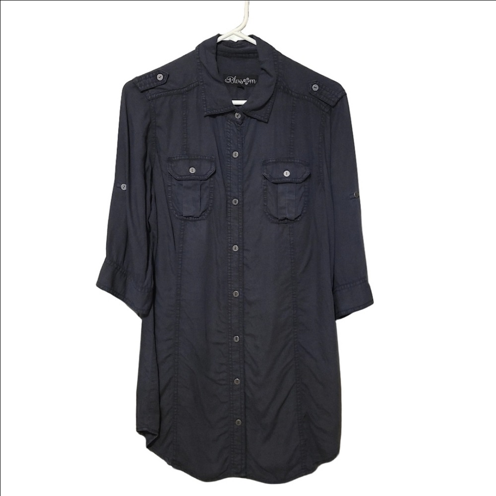 Blossom Boho Shirt Dress Navy Blue Denim Inspired Button Down 3/4 Sleeves EUC